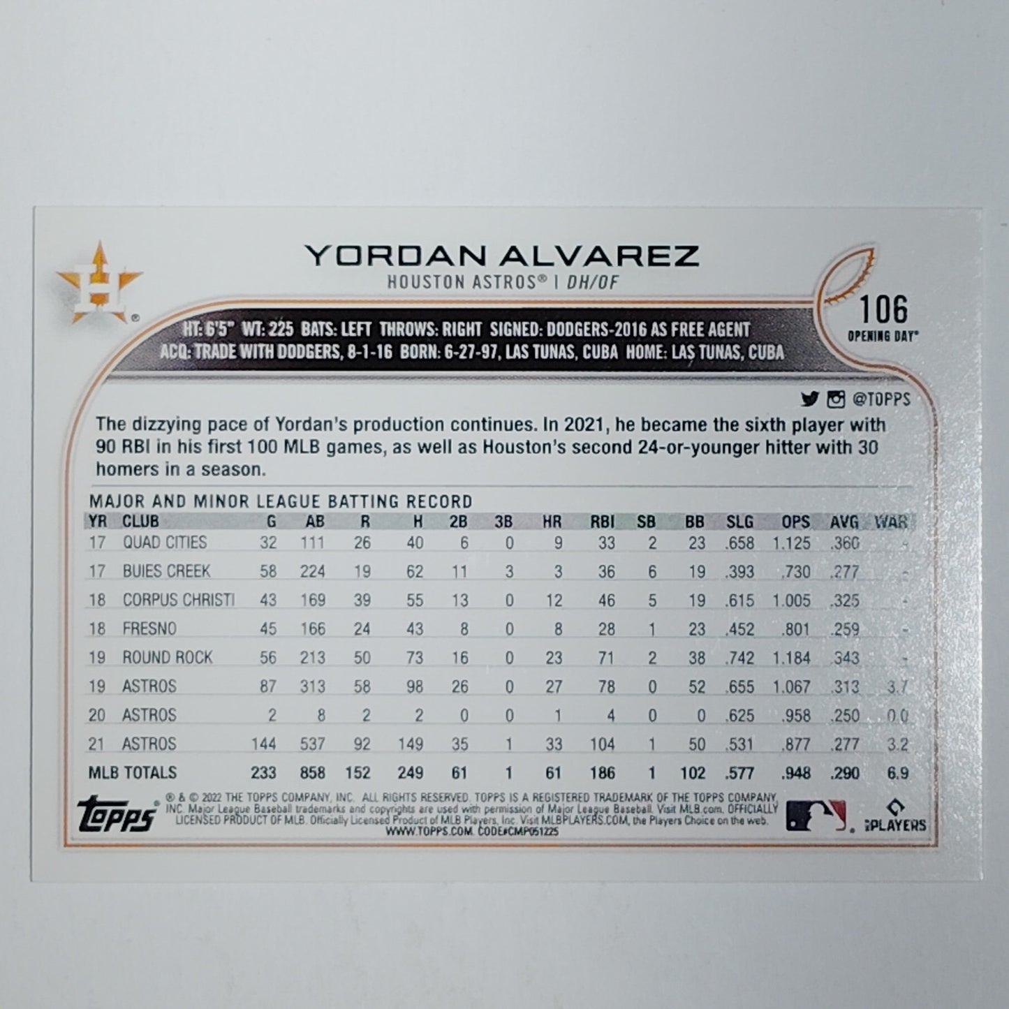 2022 Topps Opening Day #106 Yordan Alvarez Houston Astros DH/OF - VG/EX