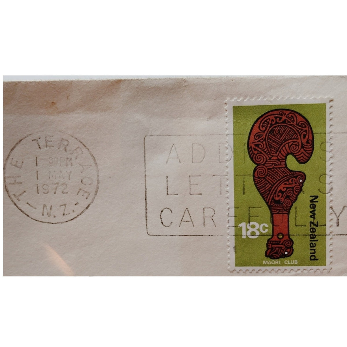1972 New Zealand 18c Maori War Club Stamp on Cover w/ The Terrace Postmark