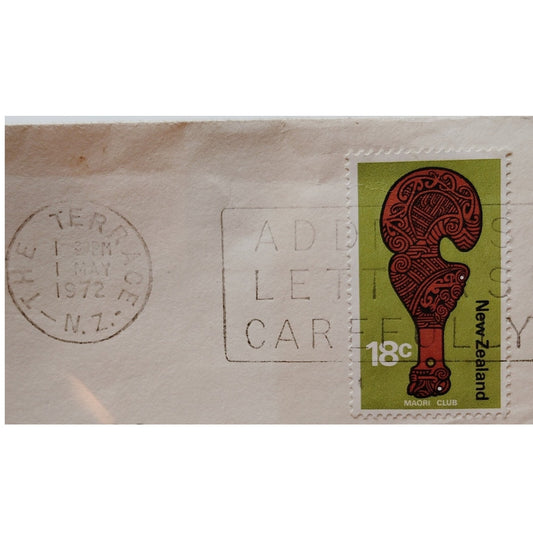 1972 New Zealand 18c Maori War Club Stamp on Cover w/ The Terrace Postmark