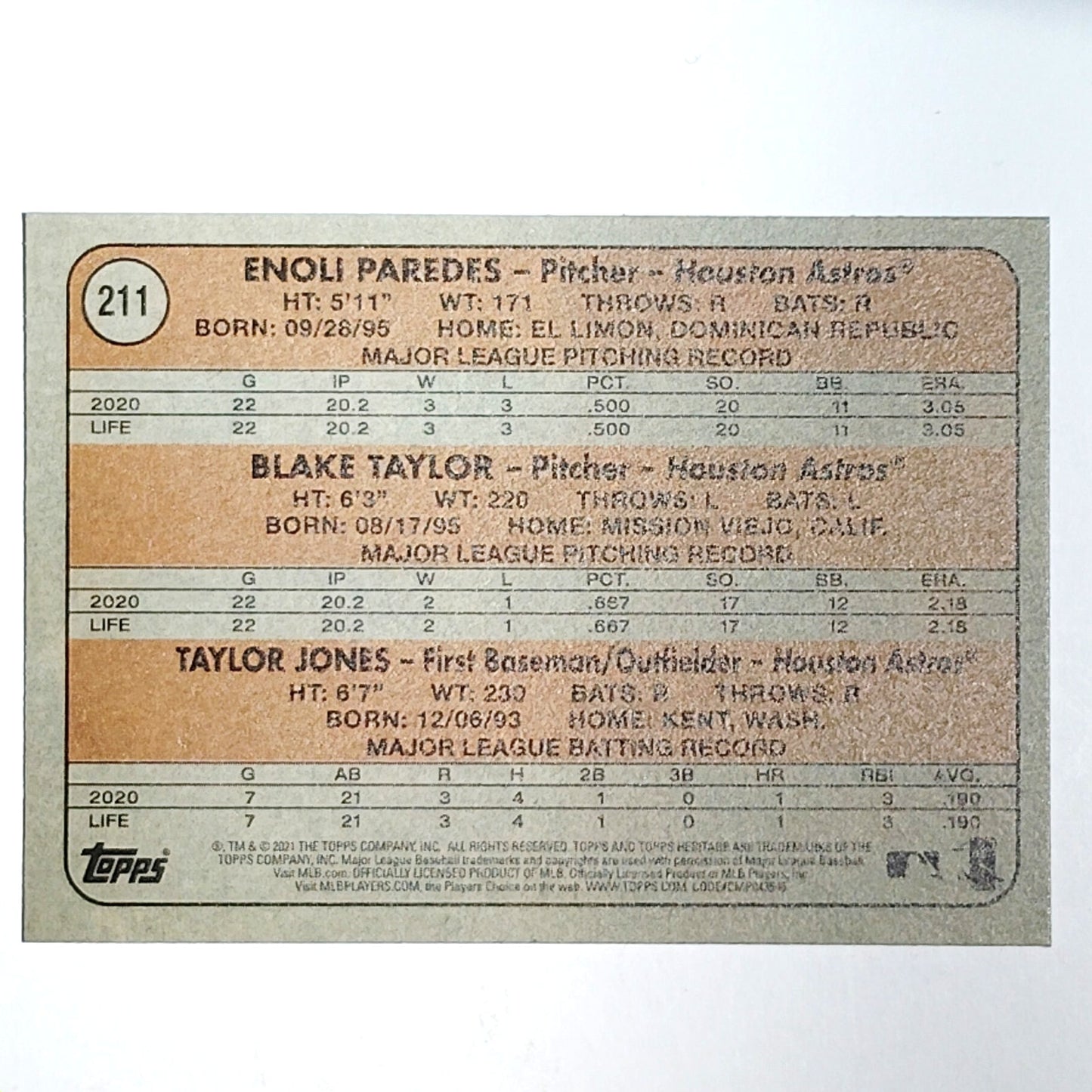 2021 Topps Heritage Rookie Stars Astros 211 Jones Taylor Paredes RC VG/EX