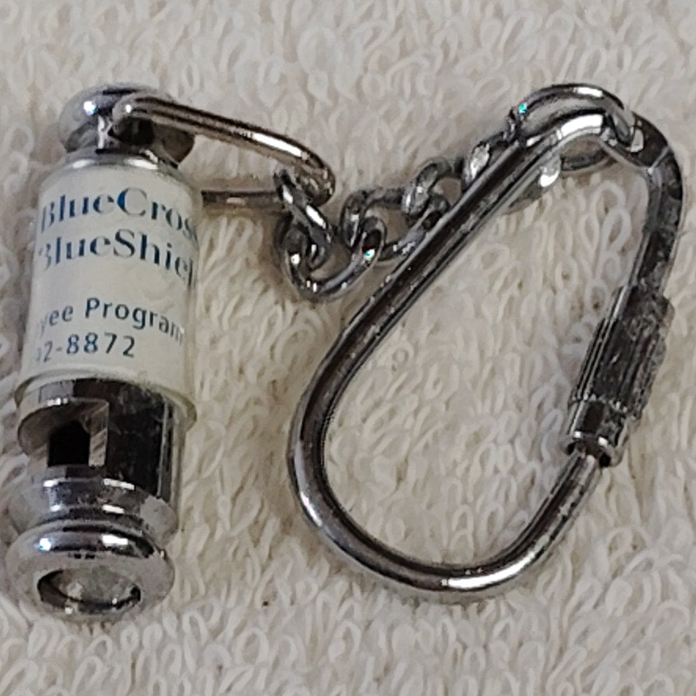 VTG BlueCross BlueShield Safety Whistle Chrome Cutout Cylinder w/ Clip Keychain