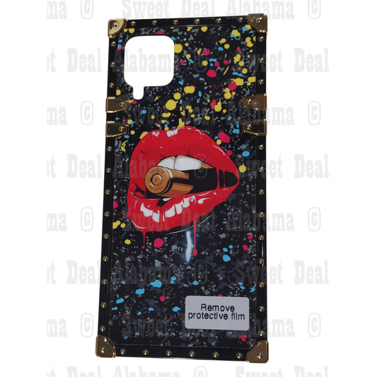 FX Cellphone Case For Samsung A12 5G Phone w/ Strap & Stand, Black Bullet Lips, Gold Accents