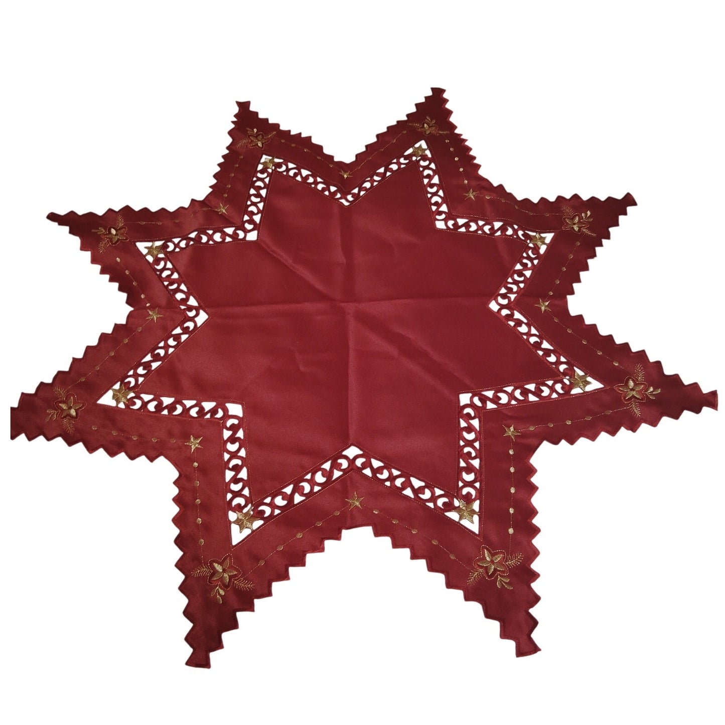 35" Crimson Red Star Table Centerpiece Cutwork Gold Embroidered Holiday Decor