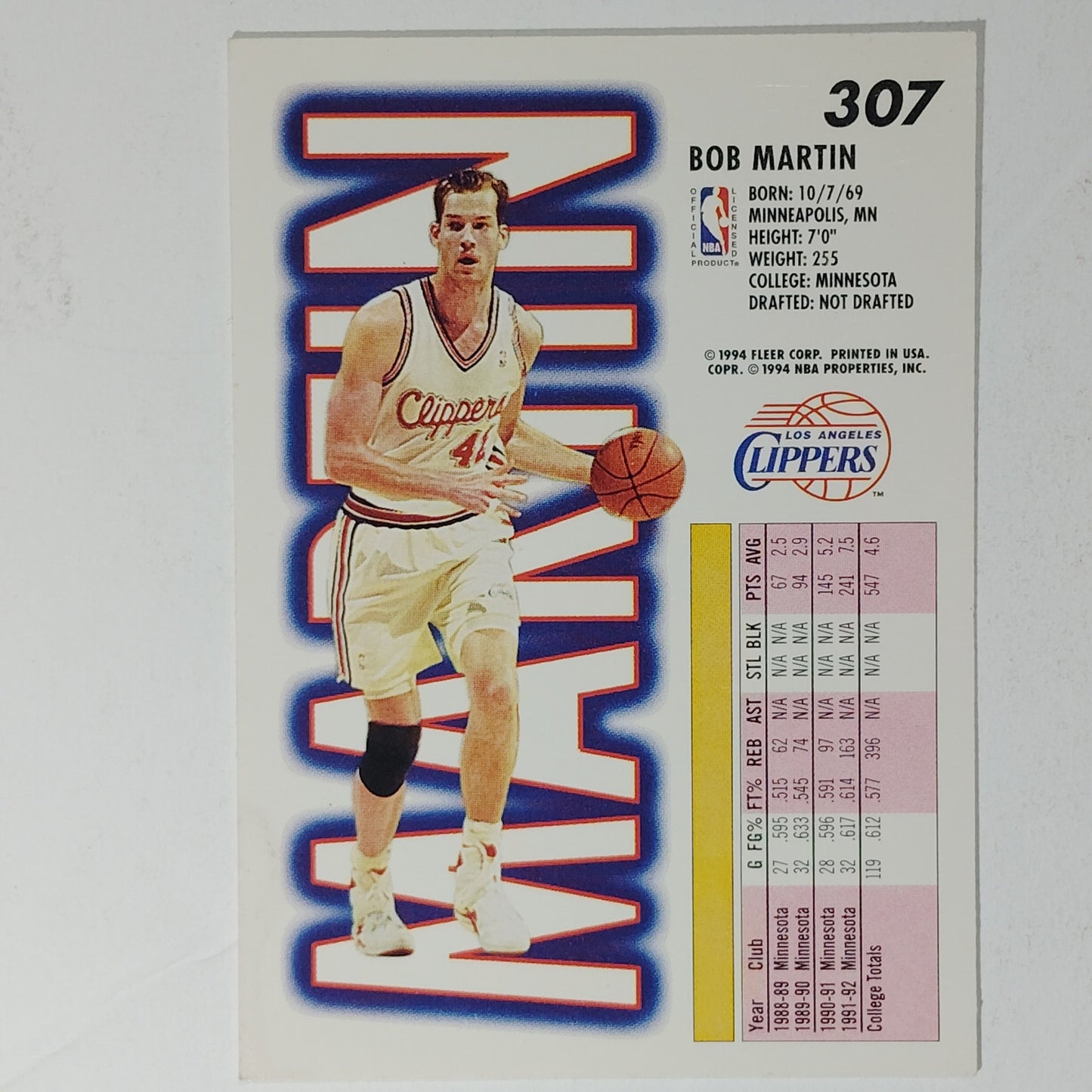 1993–94 Fleer Bob Martin #307 – LA Clippers – Center – VG/EX