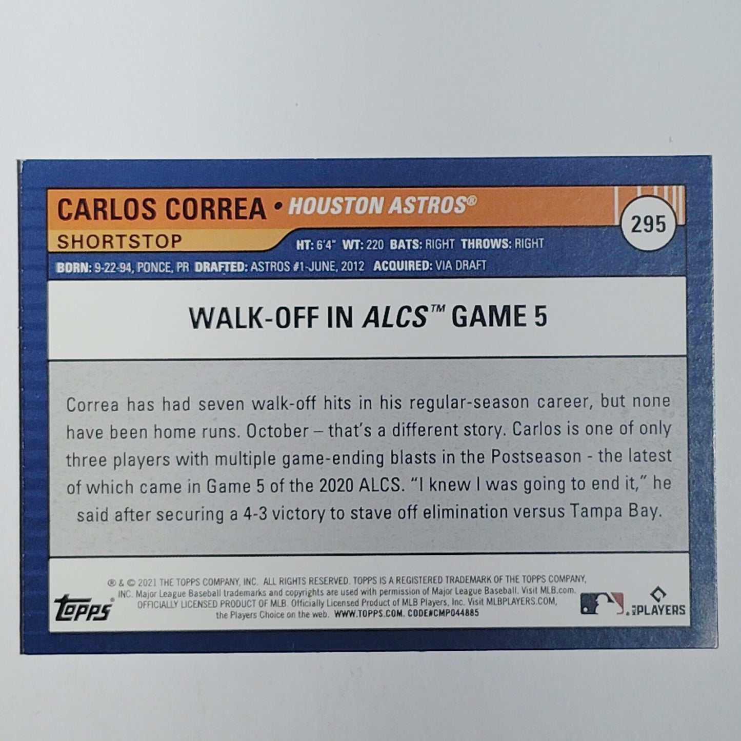 2021 Topps Big League #295 Carlos Correa Highlights Orange Astros SS - VG/EX