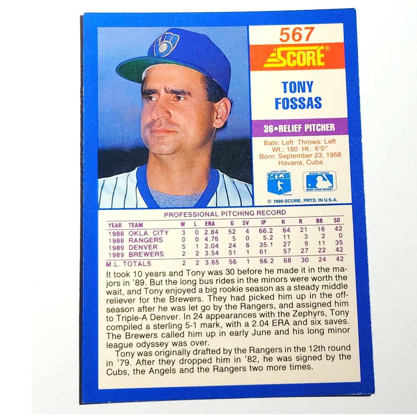 1990 Score Tony Fossas #567 Boston Red Sox Relief Pitcher MLB Baseball EX