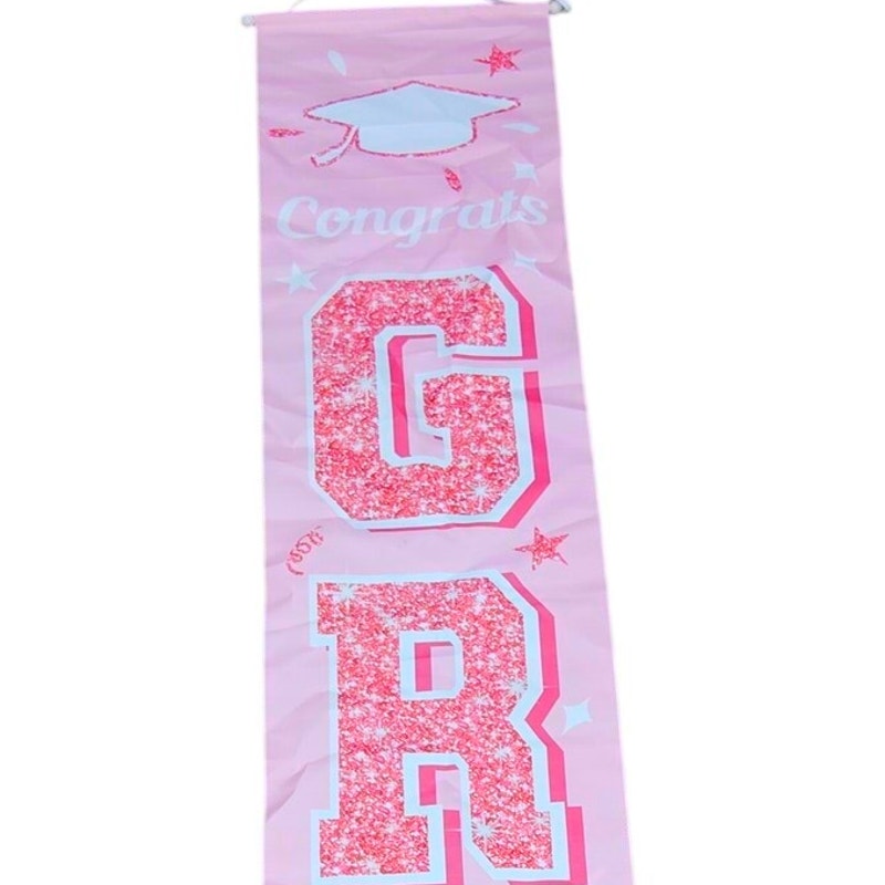Congrats Grad Vertical Banner Pink Rose Gold Hanging Porch Sign 72×12 in