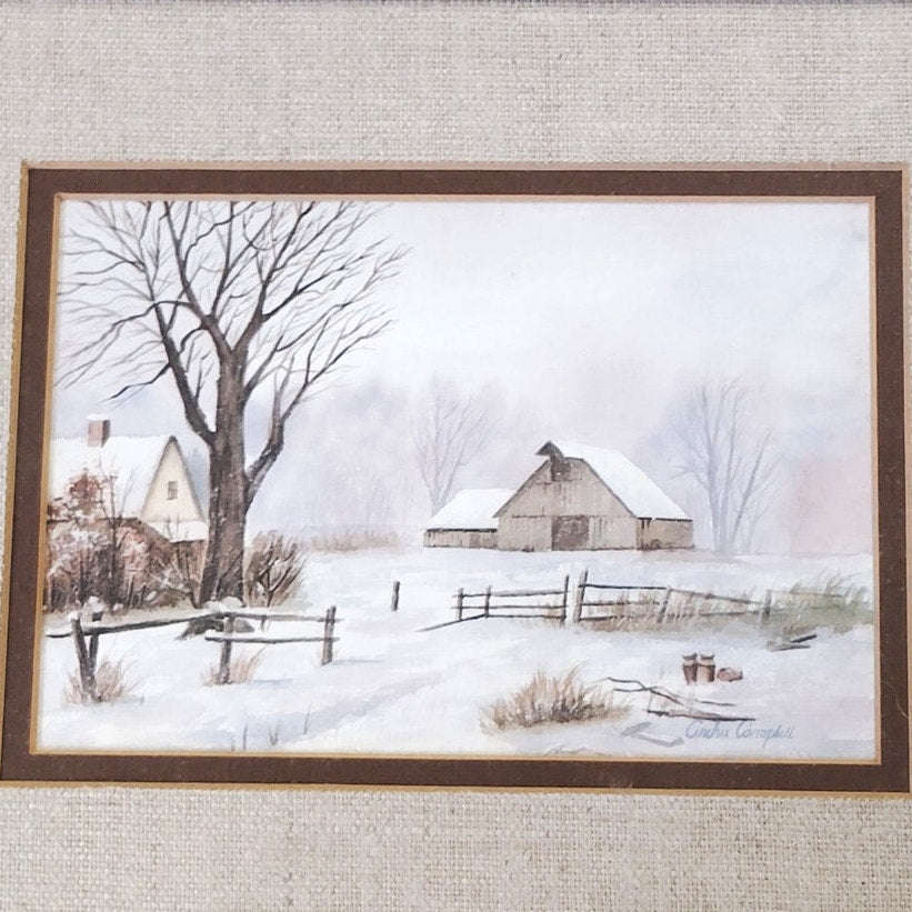 Signed Archie Campbell Framed Winter Landscape Print Rustic Barn Farmhouse Scene