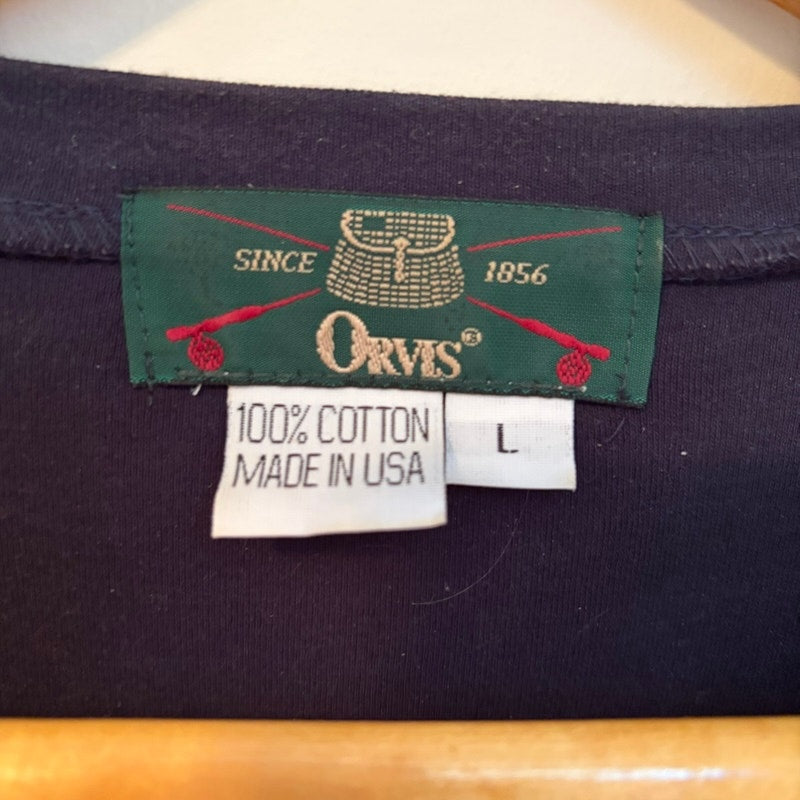 Orvis Navy Cotton Knit Top L & Ulla Popken Rayon Floral Cardigan 12/14 Set