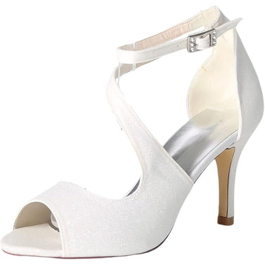 White Satin Oblique Strap Dress Heels – Bridal Party – 3.5" Heel – Size 10