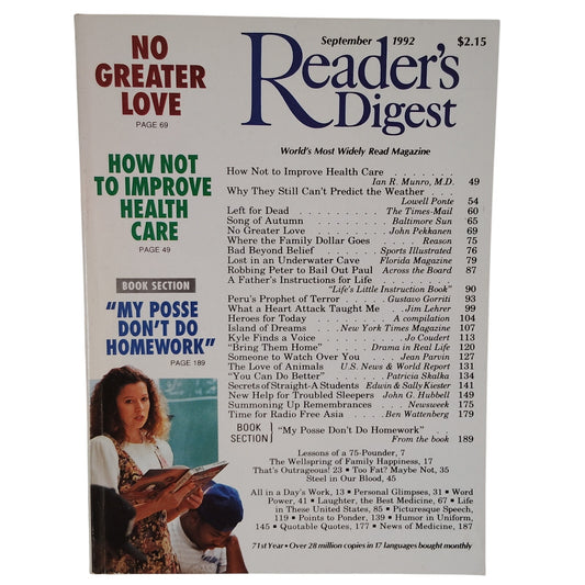Reader's Digest Magazine September 1992 Vintage Back Issue Collectible