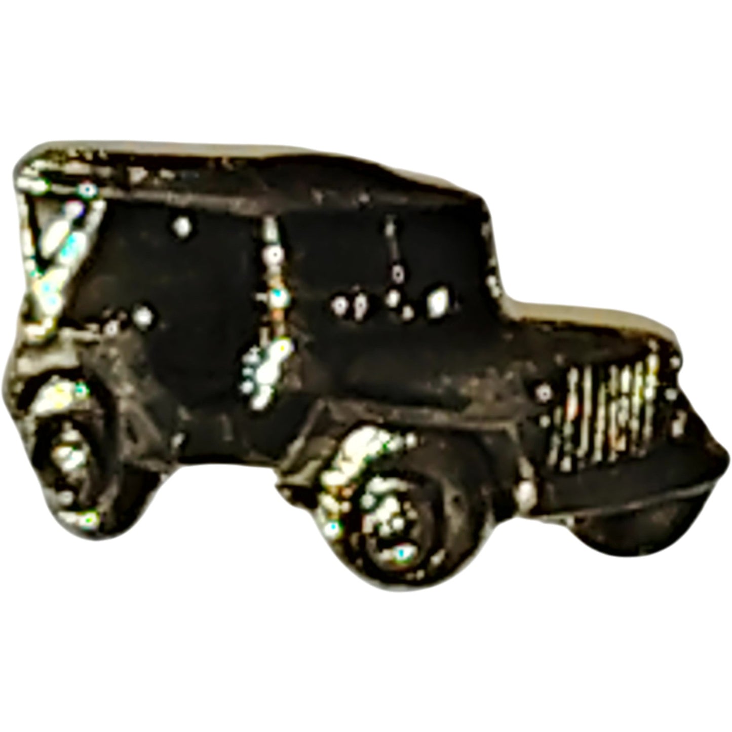 WWII Military Jeep Hat Lapel Brooch Pin, Patinated Gold, Rubber Back 7/8" x 1/2"