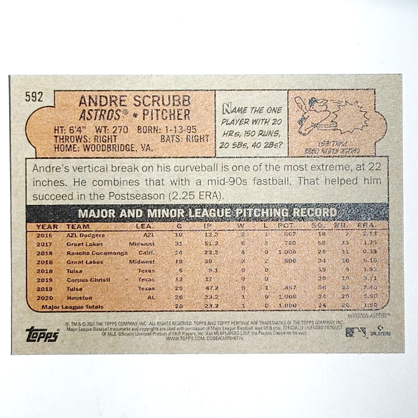 2021 Topps Heritage Andre Scrubb 592 RC Houston Astros Pitcher Rookie VG/EX