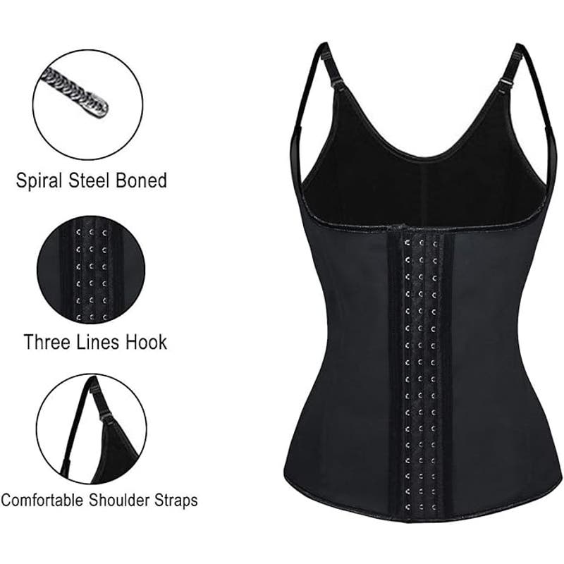 Steel Boned Latex 3 Rows of Hooks Body Shaper Corset Vest Halter-Latex- Black XL