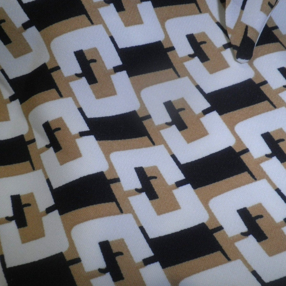 Modest Midi Dress, Black/Browns, Medium, Stretch Jersey Top w/ Geo Design Skirt
