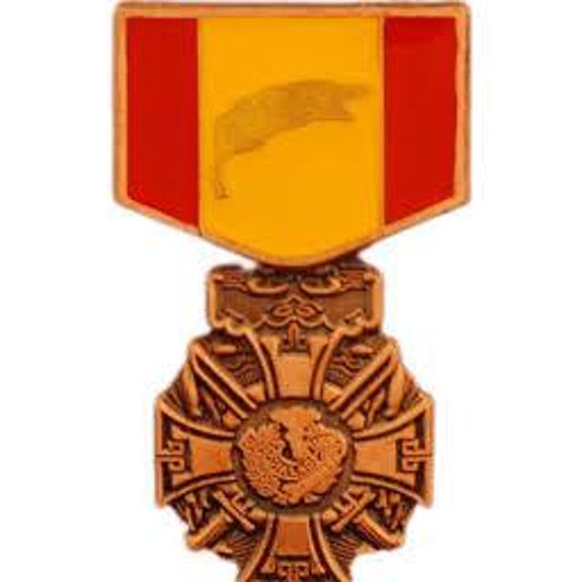 Mini Vietnam Gallantry Cross Novelty Hat/Lapel/Brooch Pin w/ Palm, 1‑1/8" × 3/4"