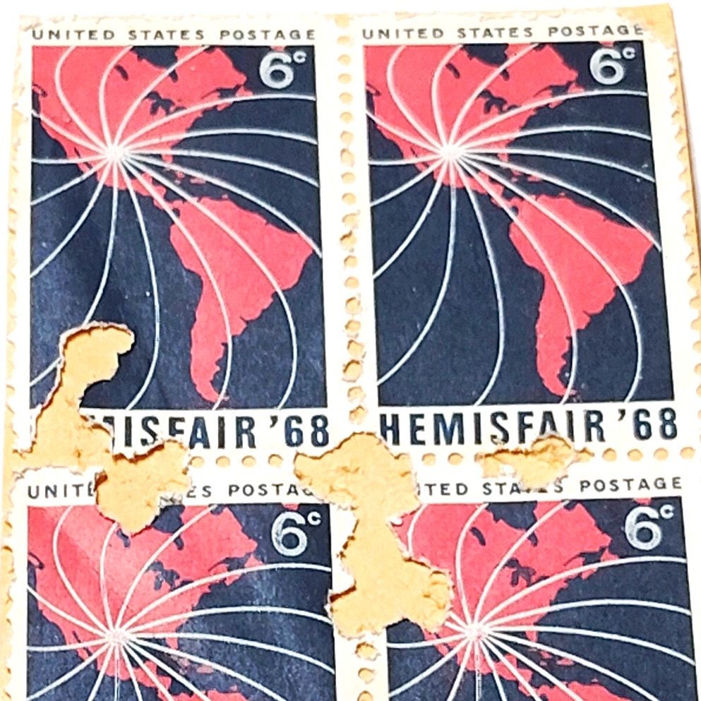 1968 HemisFair '68 US 6c Postage Stamps Block of 4 Unused - Red & Dark Blue