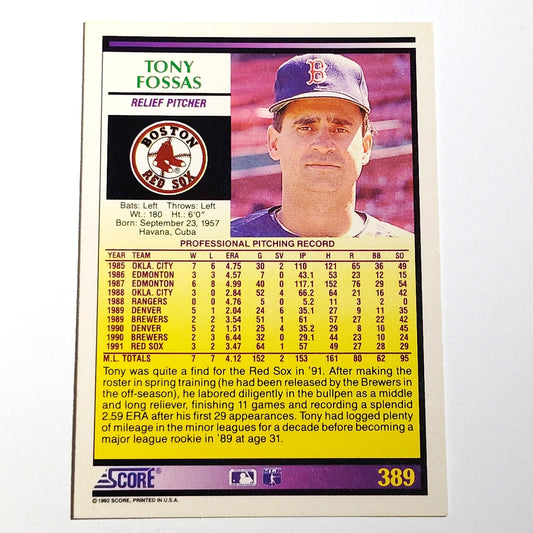1992 Score Tony Fossas #389 Boston Red Sox Relief Pitcher MLB Baseball NM