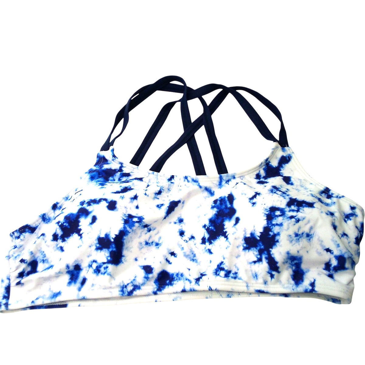 Women's Blue White Tie-Dye Bikini Top Size L Strappy Crisscross Back Swimwear