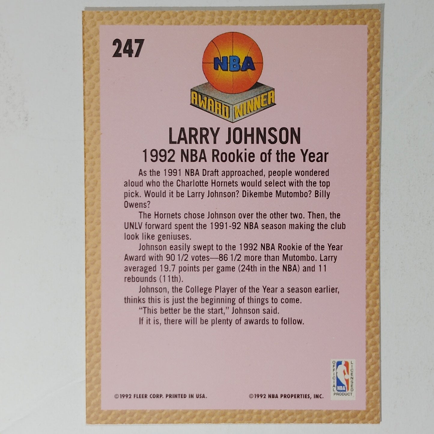 1992-93 Fleer Larry Johnson Card No. 247 – Award Winner – Hornets – VG/EX