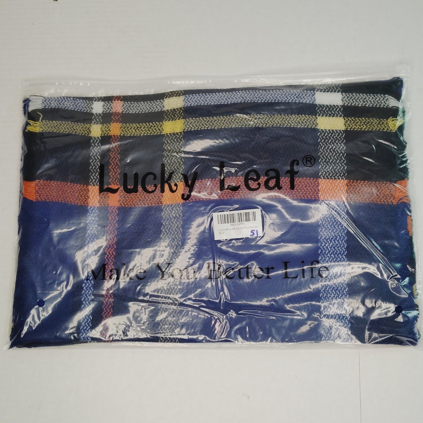 Lucky Leaf Infinity Scarf w/ Tassels Lightweight 100% Acrylic Navy Blue Plaid