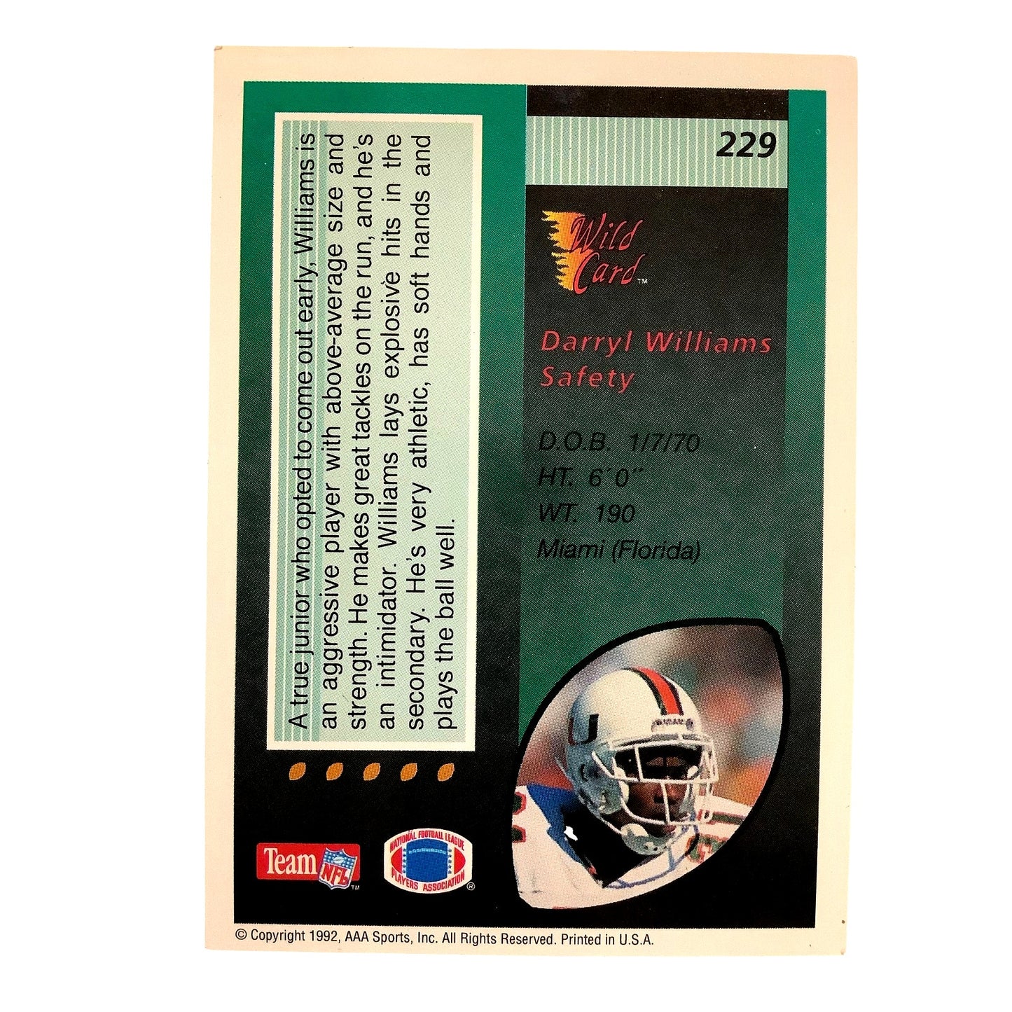 Darryl Williams, Miami / Bengals, 1992 AAA Sports Wild Card 229, EXC