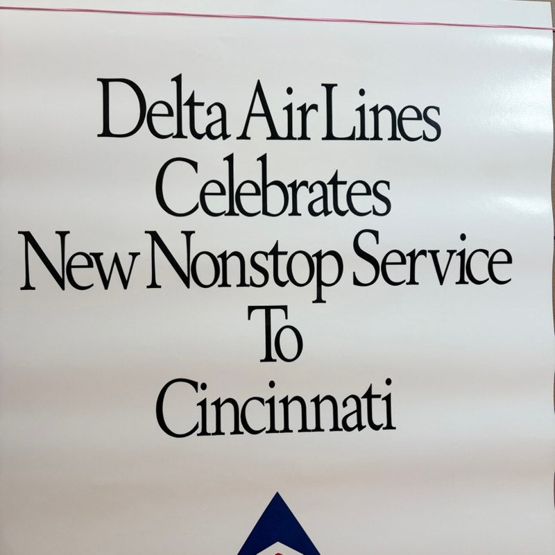 Original 80s Delta Air Lines Cincinnati Nonstop Service Silkscreen Poster 28x22