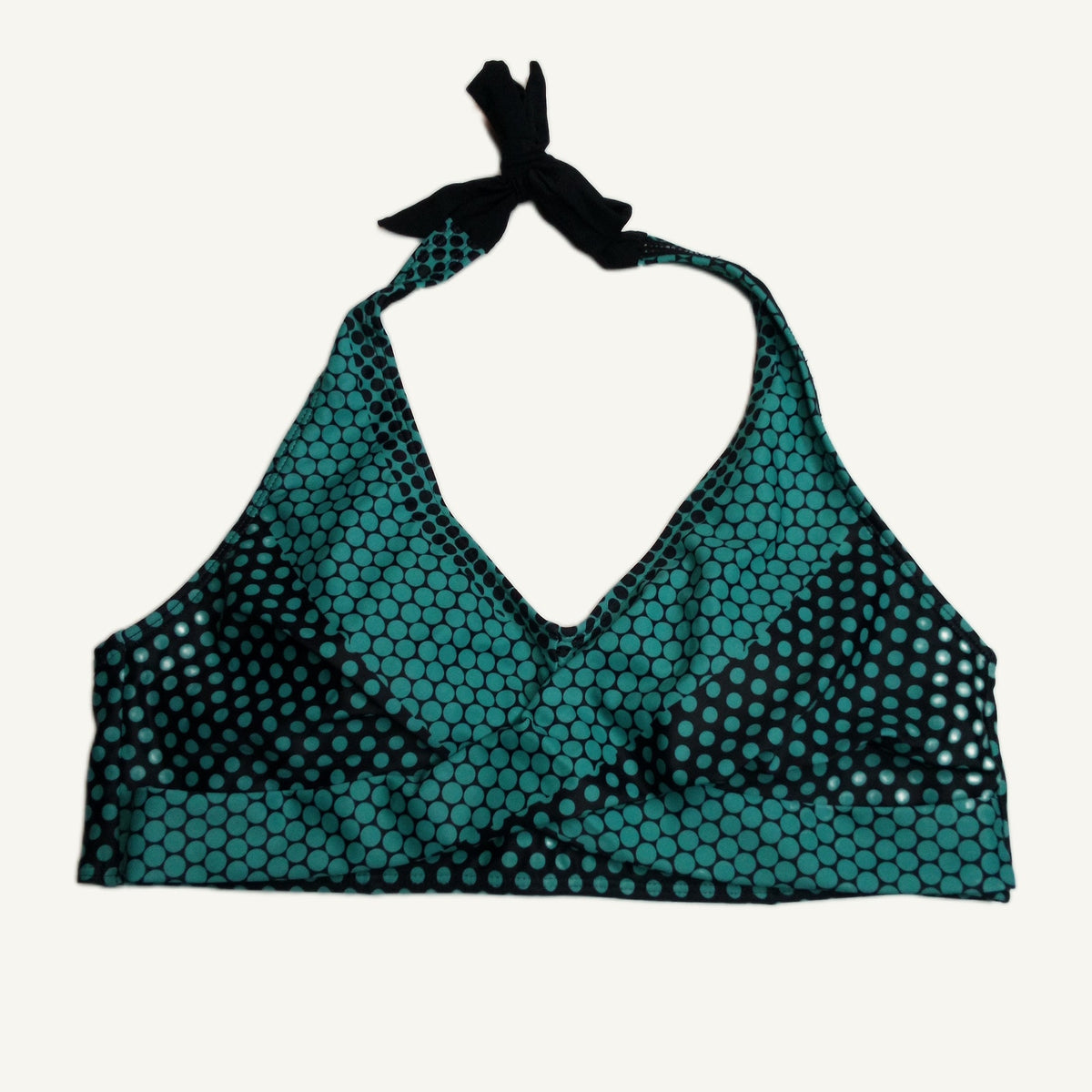 Teal & Black Polka Dot Halter Bikini Top – Women's L Swimwear, New