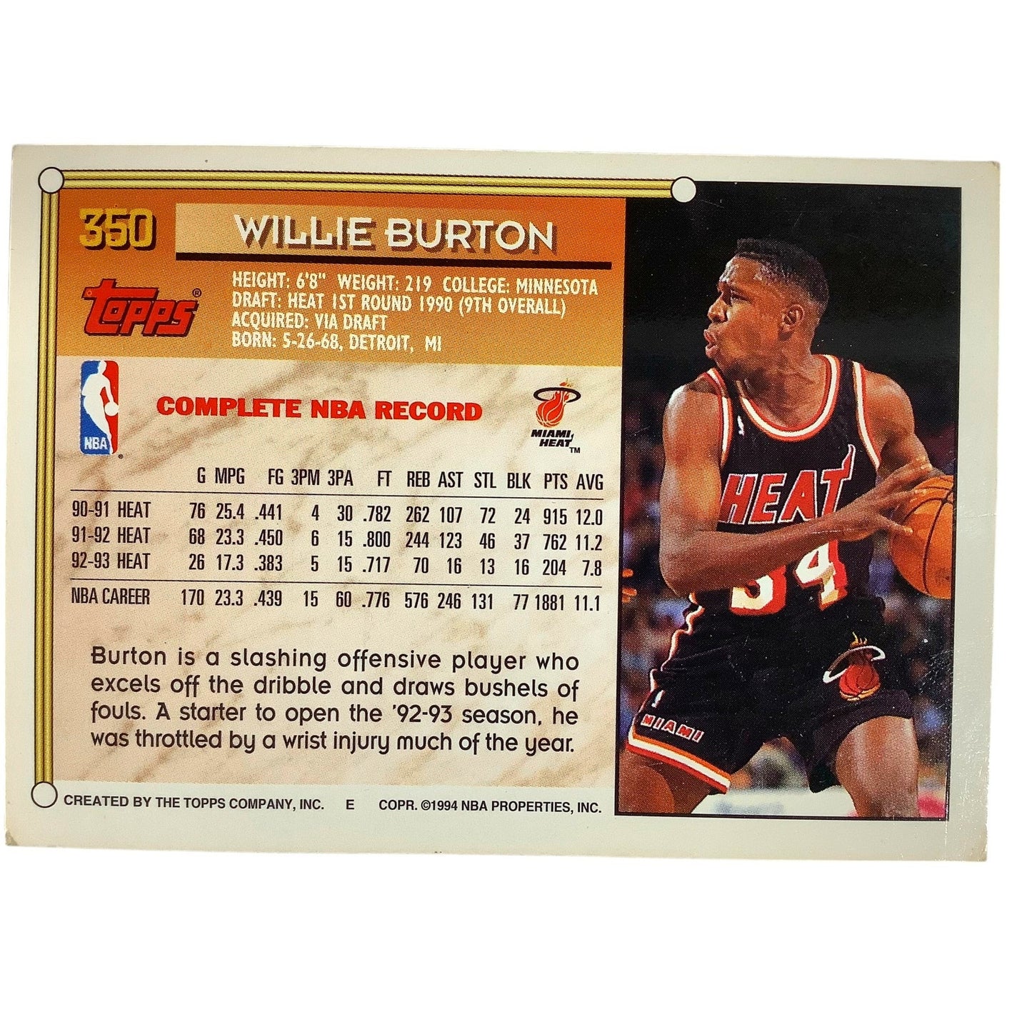 Willie Burton, Miami Heat, 1993 Topps Collector's Card 350, EXC