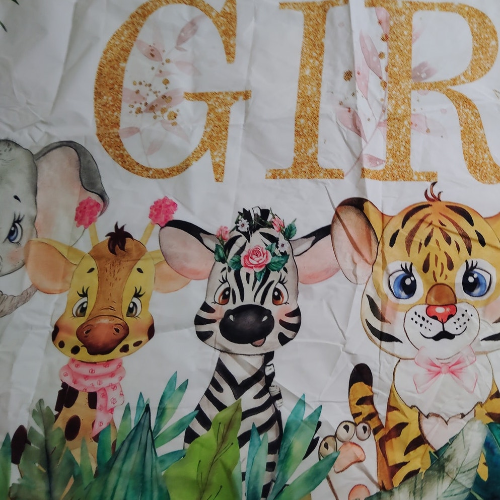 Safari Baby Shower Backdrop – 80"x60" Jungle Theme “It’s a Girl” Banner with Cute Animal Graphics