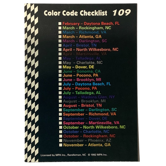 1992 Richard Petty Fan Appreciation Color Code Checklist Food Lion MPA Card #109