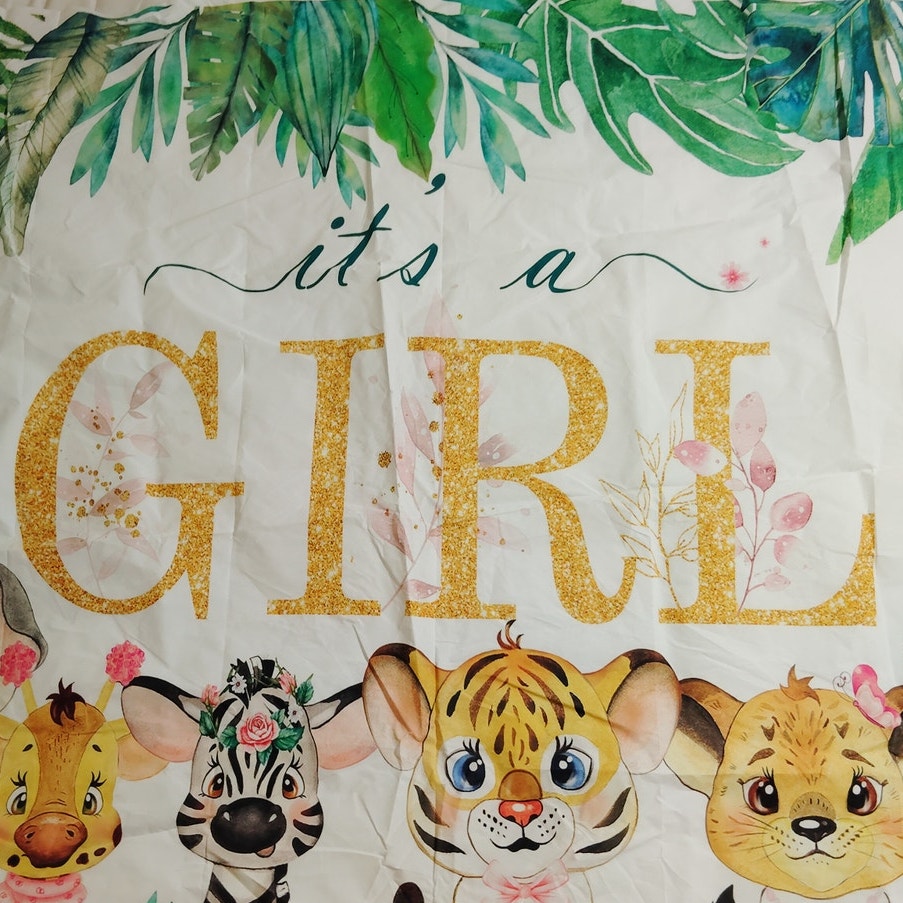 Safari Baby Shower Backdrop – 80"x60" Jungle Theme “It’s a Girl” Banner with Cute Animal Graphics
