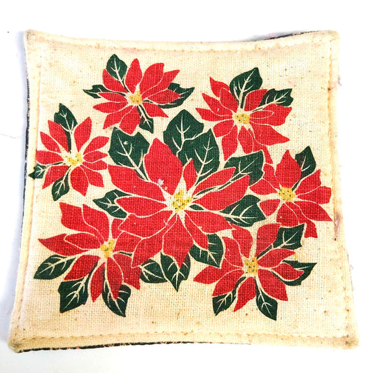 VTG Rustic Fabric Sachet Hot Pad Coaster Plaid & Poinsettia 2‑Sided