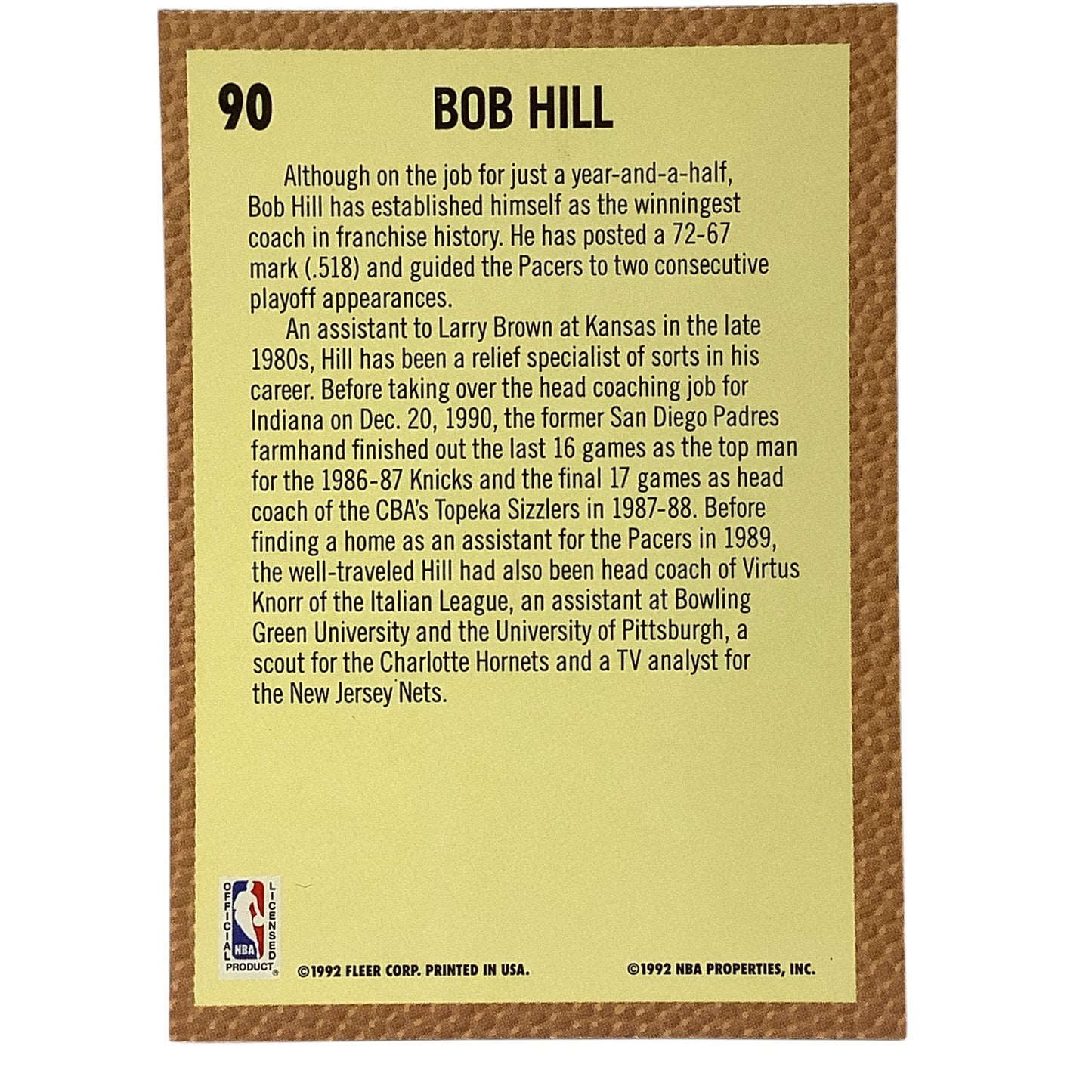 Bob Hill (Coach), Card #90, Indiana Pacers, 1992-93 Fleer NBA