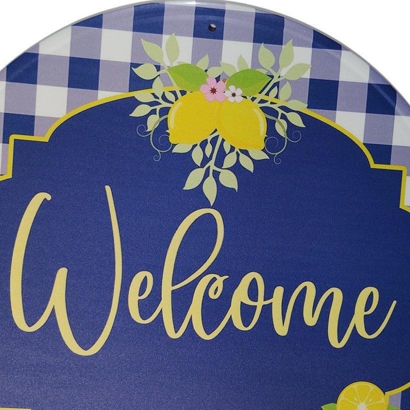 11.75" Round Tin Sign – “Welcome” Lemons & Blossoms – Blue Gingham Farmhouse Style