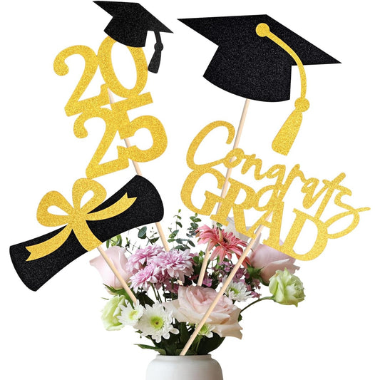 2025 Graduation Centerpiece Set – 20Pcs Black/Gold Glitter Table Toppers