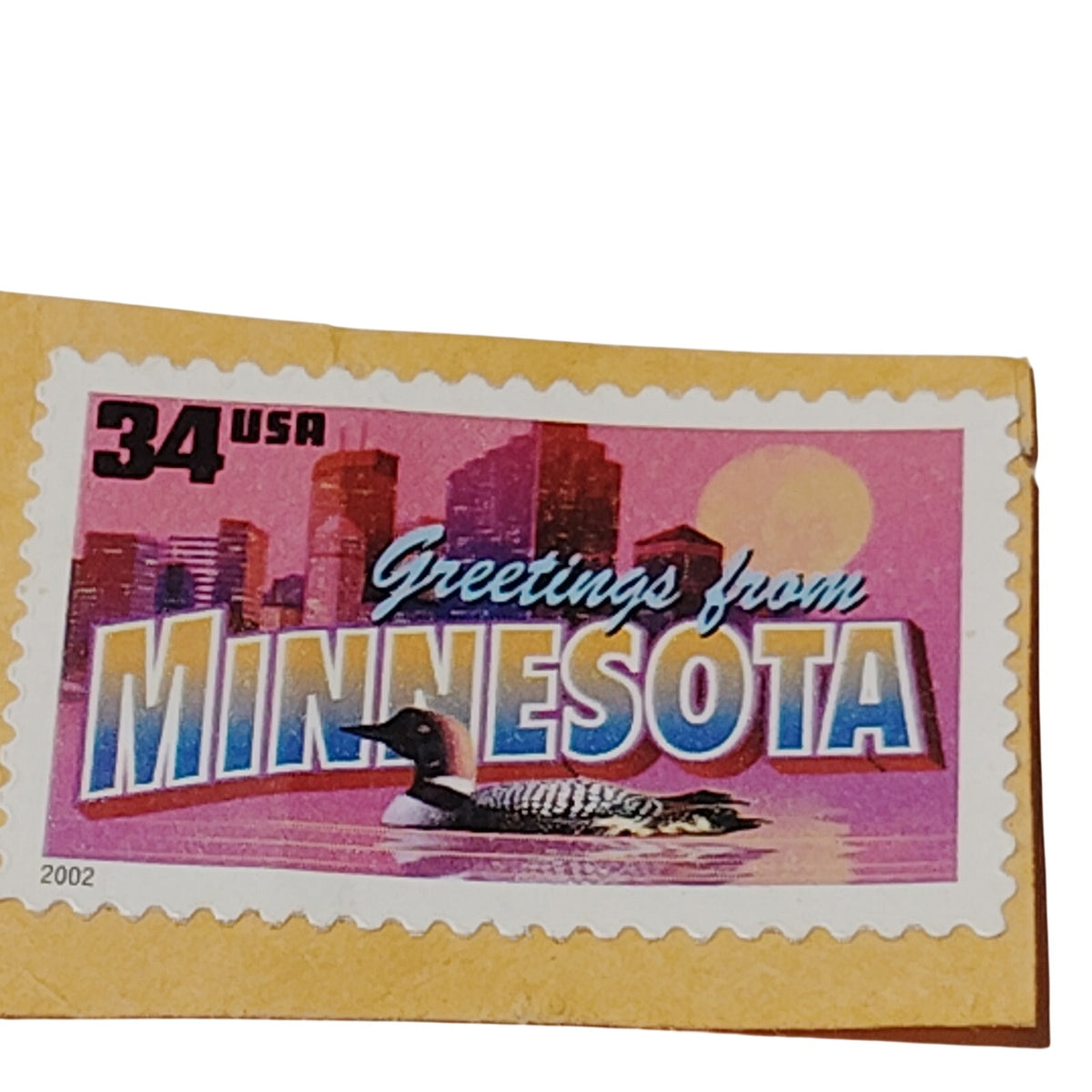 2002 Greetings from Minnesota 34¢ US Stamp Loon Skyline Unused on Envelope Piece