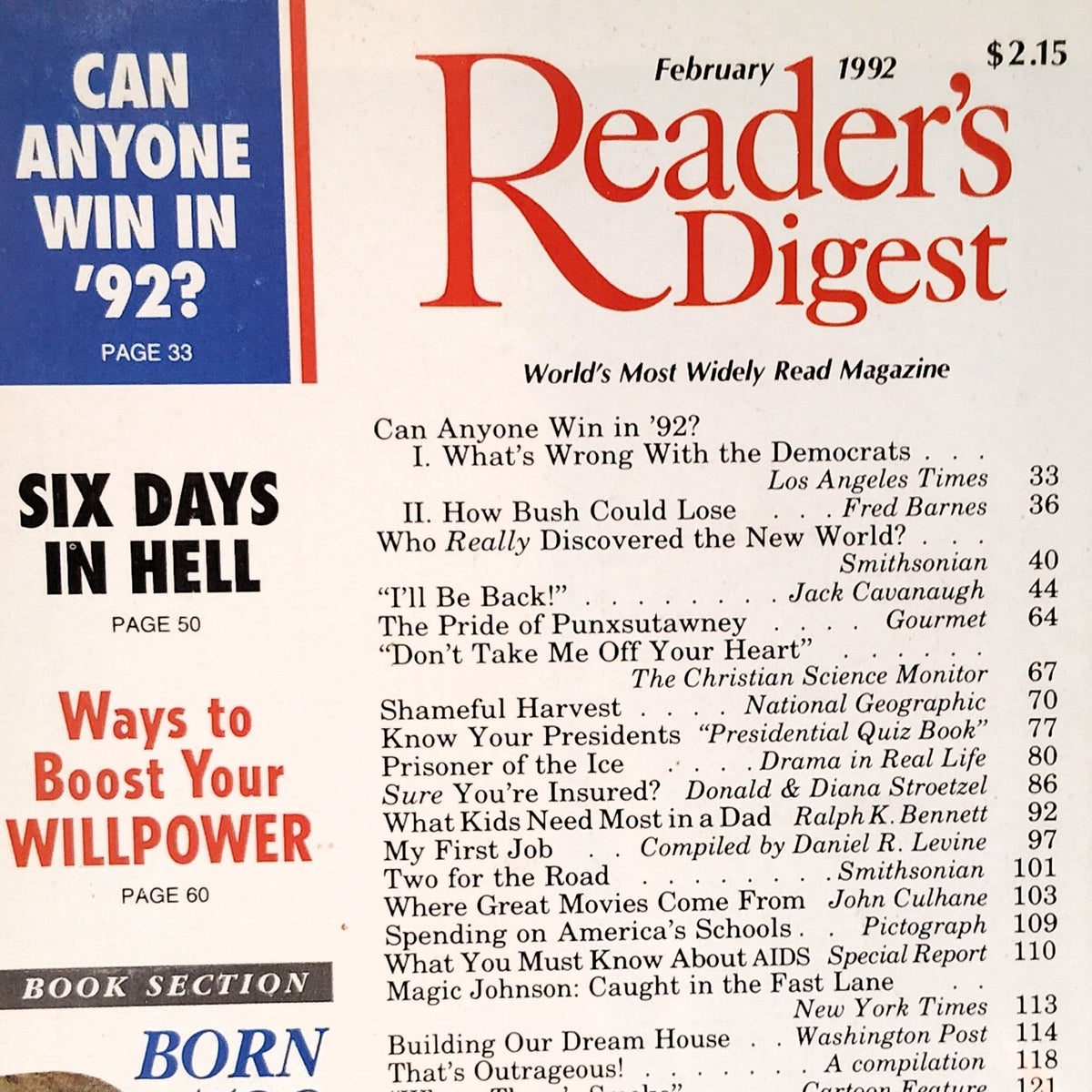 Reader's Digest February 1992 VTG Magazine Issue, Aids Epidemic, 92' Election