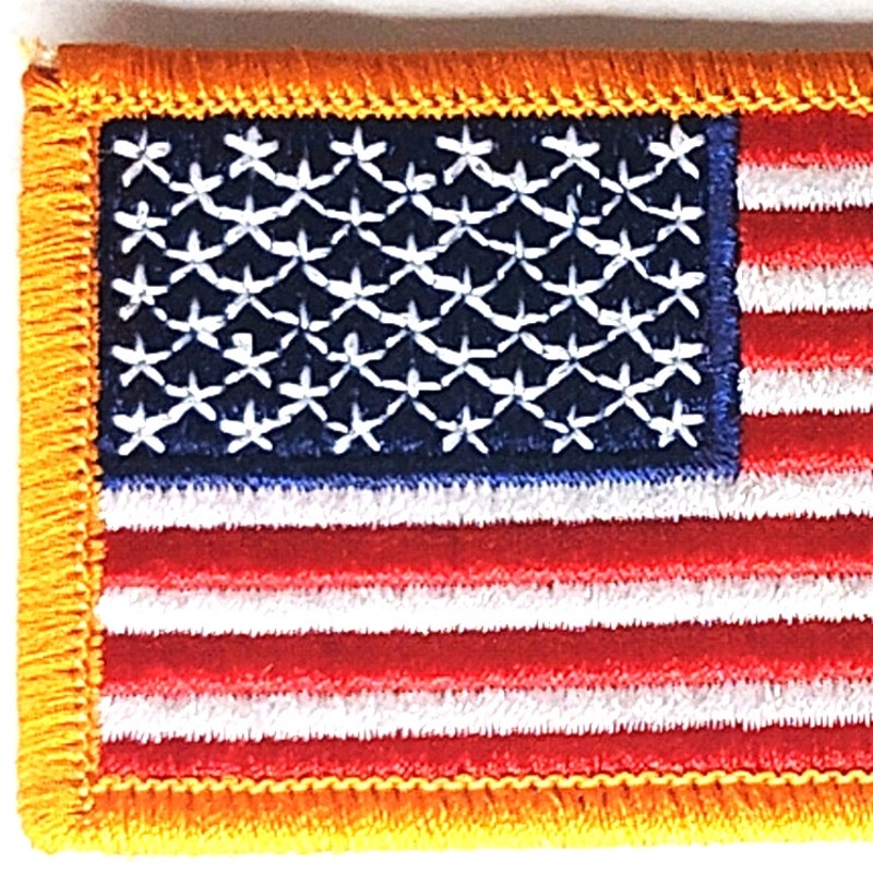 US Flag Patch Standard Orientation Full Color Gold Border Sew-On 3-1/4" x 1-7/8"