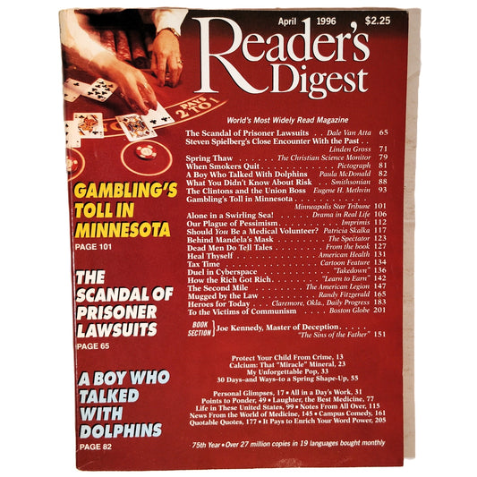 Reader's Digest April 1996 Vintage Magazine - Gambling's Toll in Minnesota