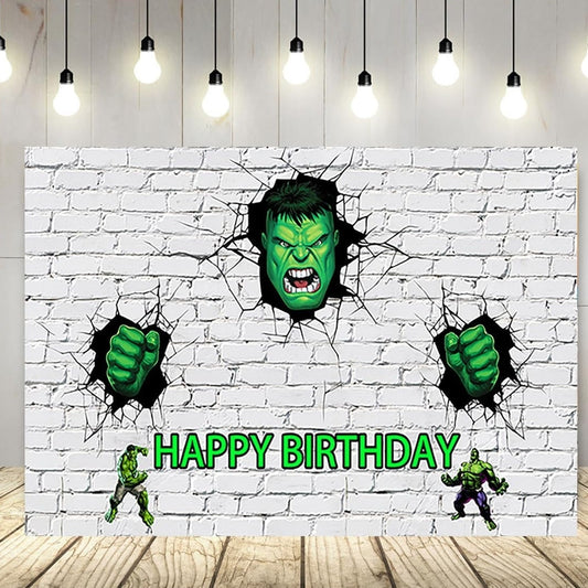 Hulk Birthday Backdrop 5 x 3ft - White Brick Wall, Superhero Hulk Party Banner
