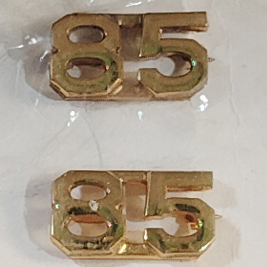 Early/Mid 1900s Brass C-Clasp "85" Collar Devices 3/8"H Hat / Lapel Pins Set