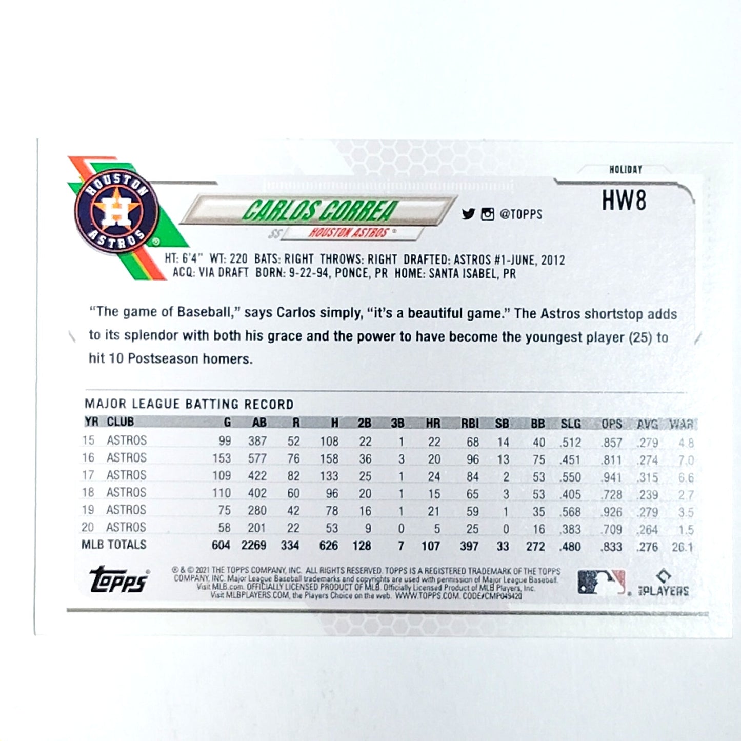 2021 Topps Holiday Carlos Correa HW8 Houston Astros SS Baseball Card VG/EX