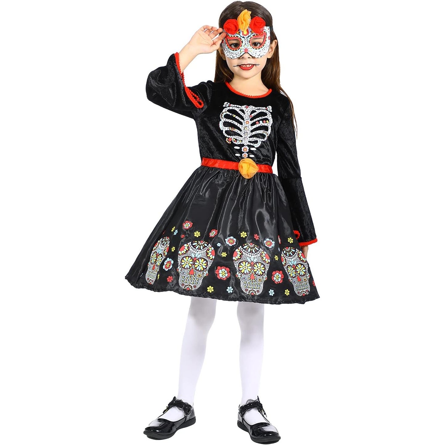 Girls Day of the Dead Skeleton Dress – Size 7‑8 – Skull Print Halloween Costume