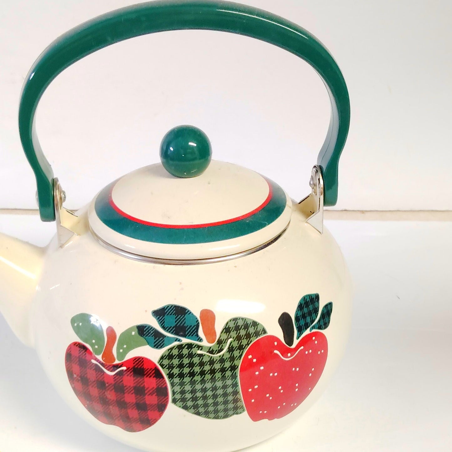 VTG Enamel Plaid Apples Tea Kettle Porcelain on Steel Thailand Country