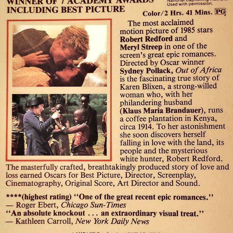 Out of Africa VHS 1986 Meryl Streep Robert Redford MCA Home Video Drama