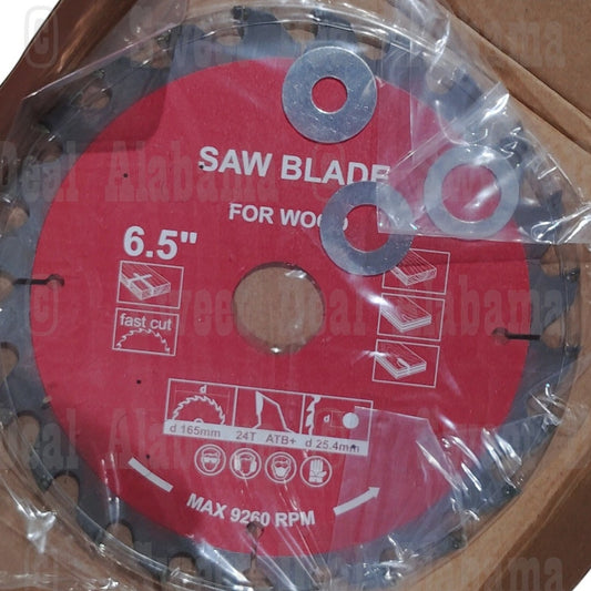 6.5" Circular Saw Blade for Wood, 9260 RPM, 24 Teeth, 1" Arbor, ATB+