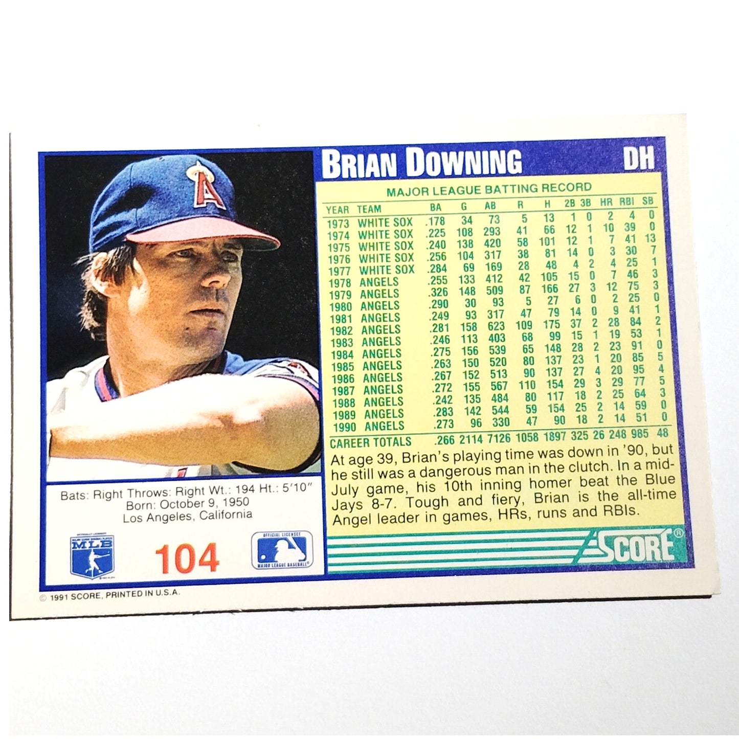 1991 Score Brian Downing #104 California Angels Left Fielder Baseball Card NM