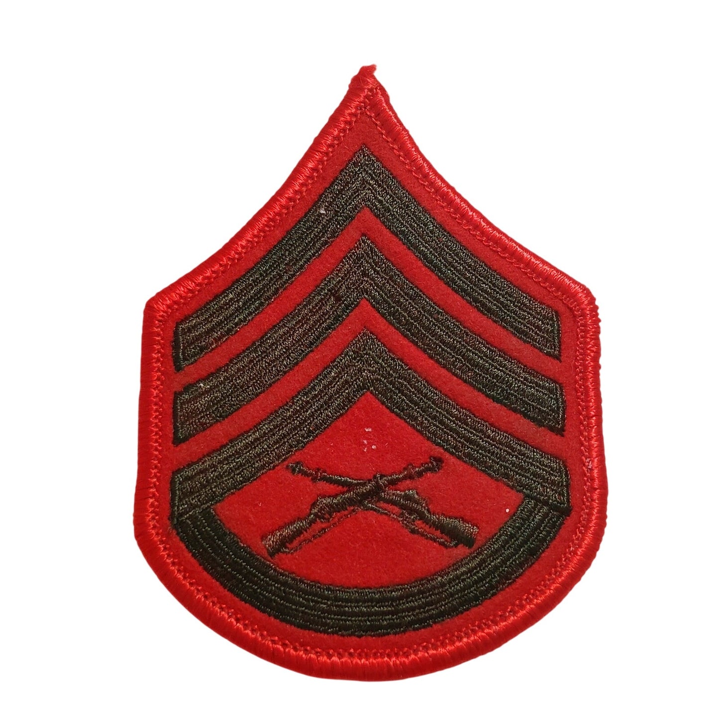 1 Set - USMC Staff Sergeant E‑6 Chevrons, Green on Red – Female  3‑3/4" × 2‑7/8"
