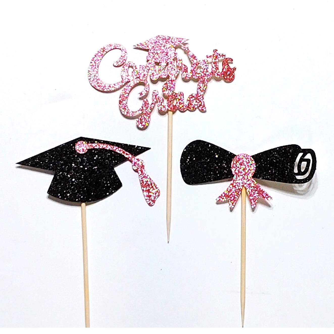Graduation Cupcake Toppers Set of 36 Congrats Grad Glitter Black & Pink Party